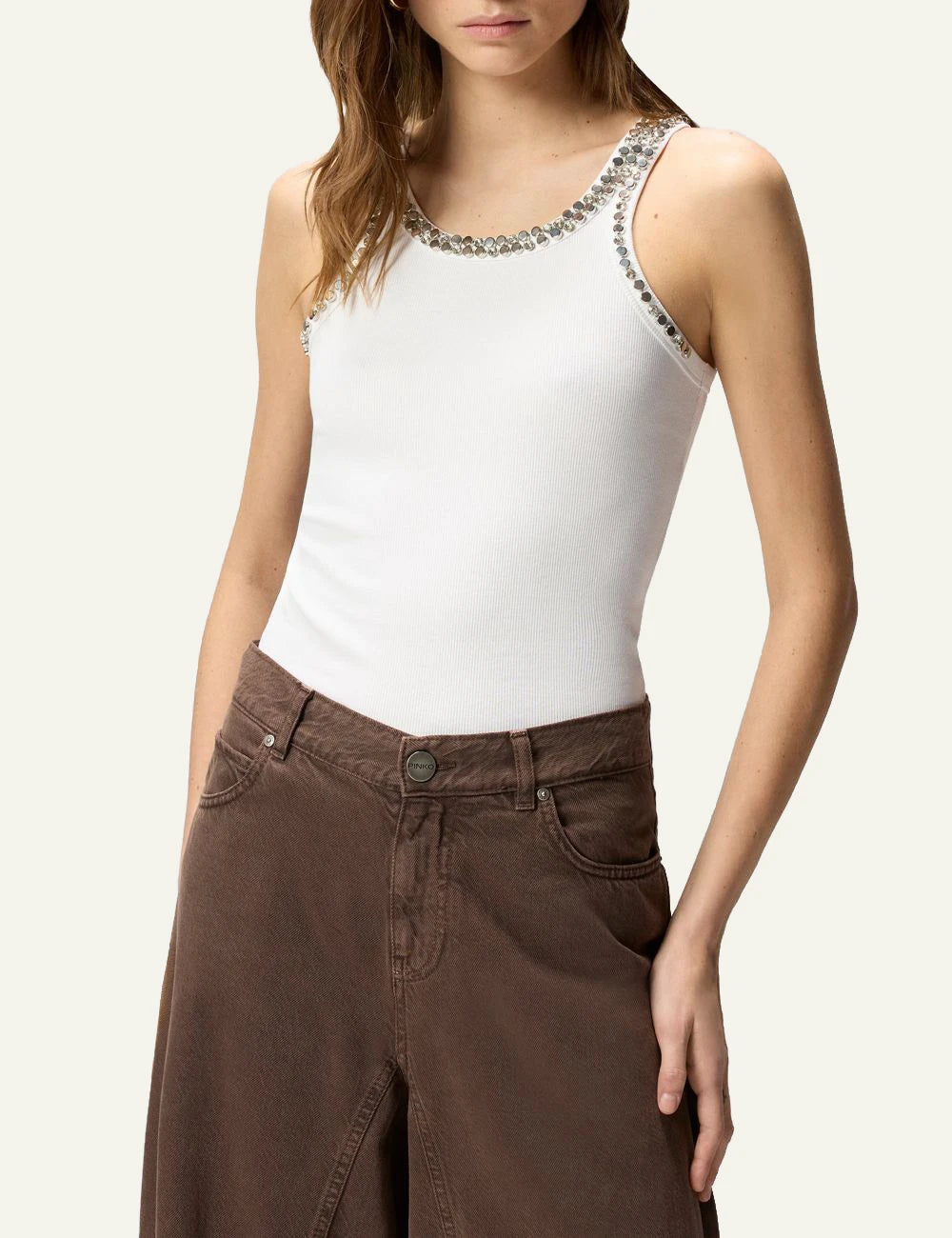 Pinko Coriandoli tank top white ribbed me crystals neckline front model view