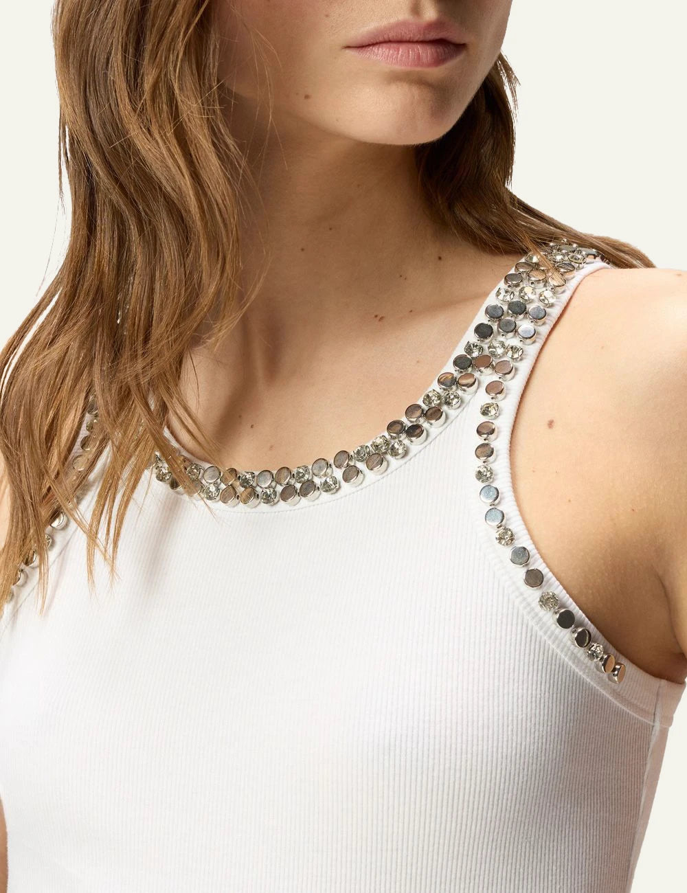 Pinko Coriandoli tank top white ribbed me crystals neckline detail view