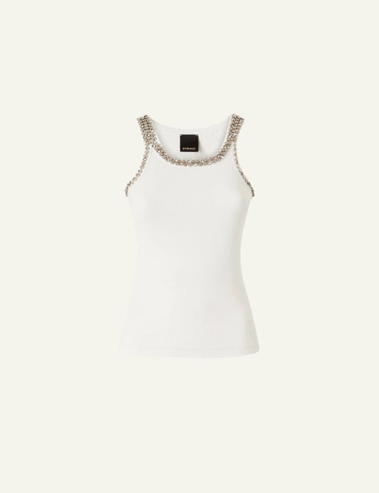 Pinko Coriandoli tank top white ribbed me crystals neckline front flat view