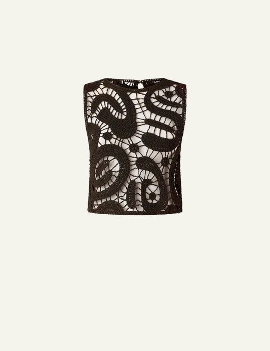 Pinko crochet cropped top brown geometric pattern sleeveless front flat view
