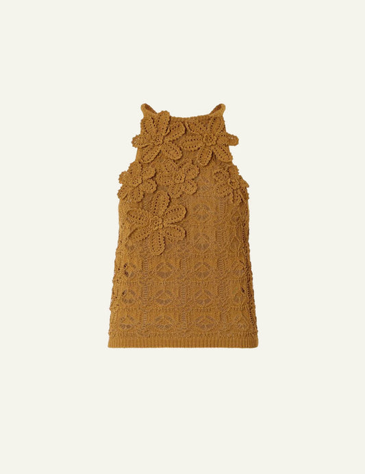 Pinko crochet floral top sleeveless brown textured knit front flat view