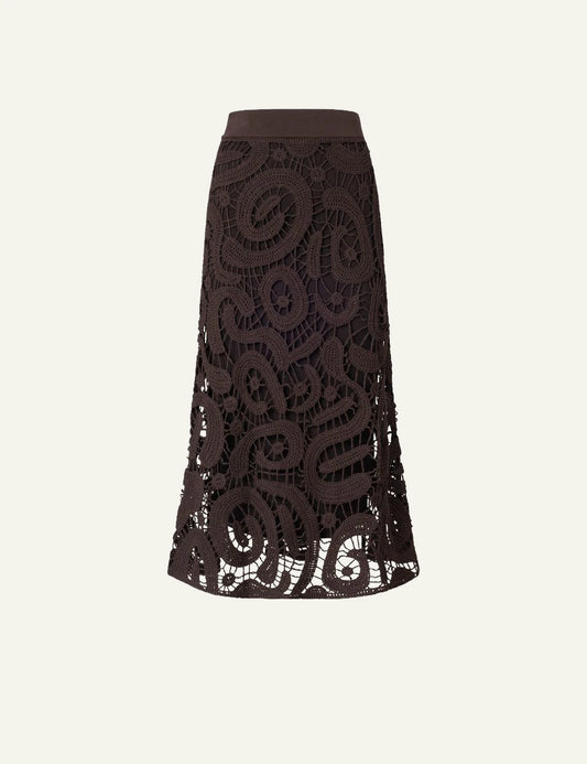 Pinko crochet midi skirt brown flared silhouette textured front flat view
