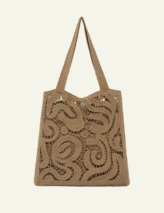 Pinko crochet shopper bag beige geometric pattern front view