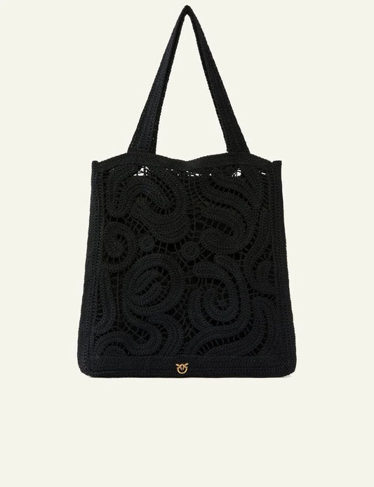 Pinko crochet shopper bag black geometric pattern front view