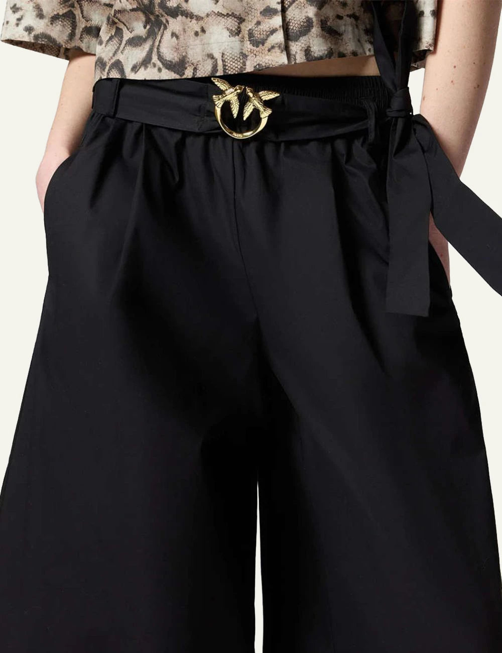 Pinko black crop wide leg pants with gold Love Birds belt front detail view
