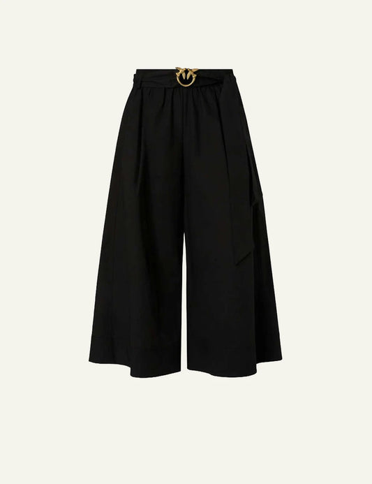 Pinko black crop wide leg pants with gold Love Birds belt front flat view