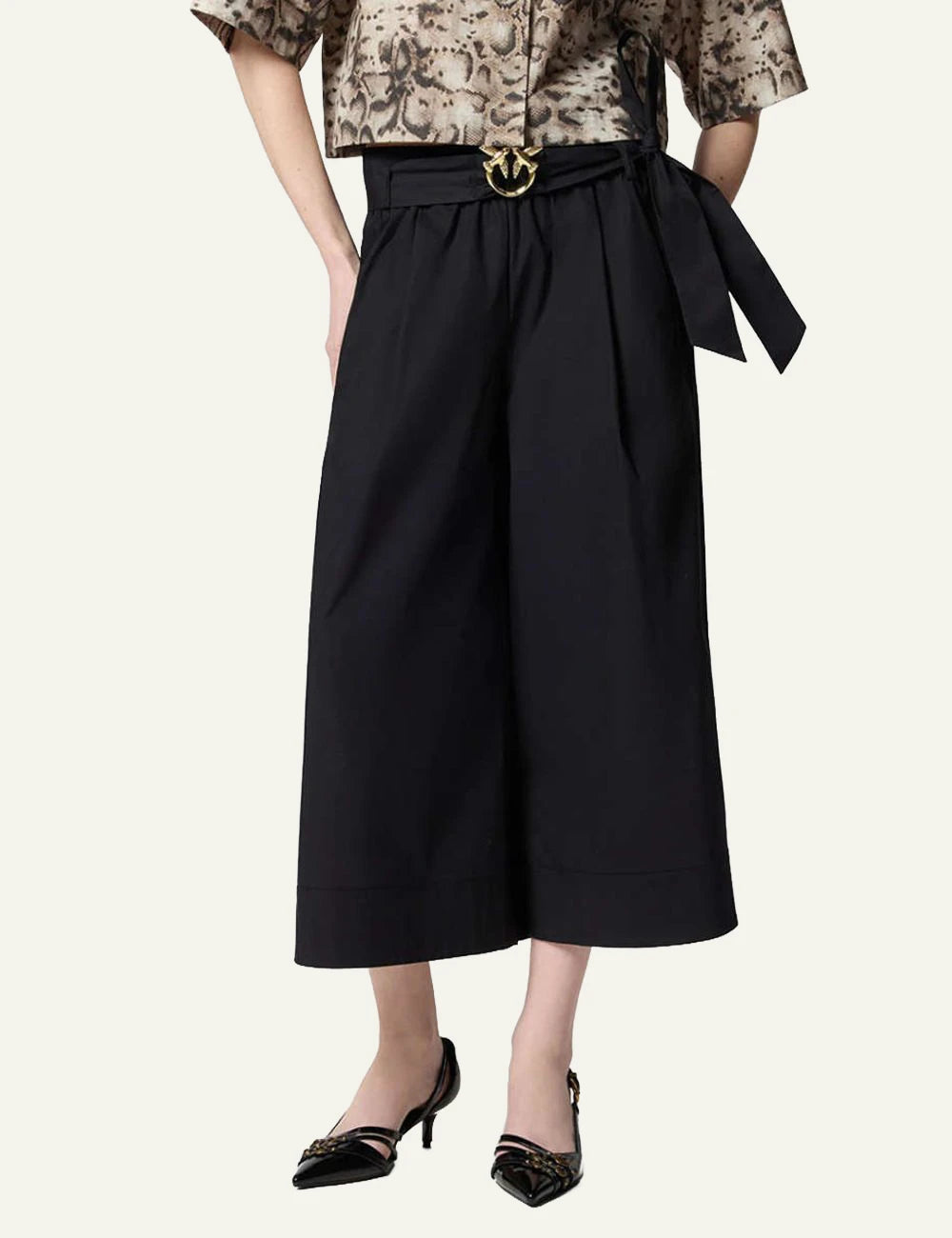 Pinko black crop wide leg pants with gold Love Birds belt front model view