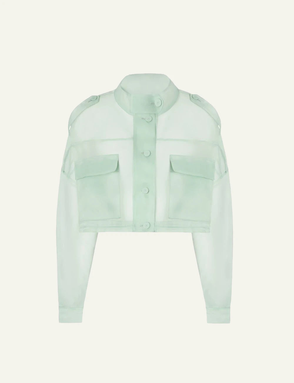 Pinko cropped organza silk jacket light green sheer front flat view