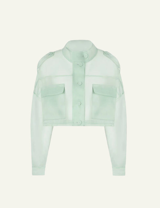 Pinko cropped organza silk jacket light green sheer front flat view