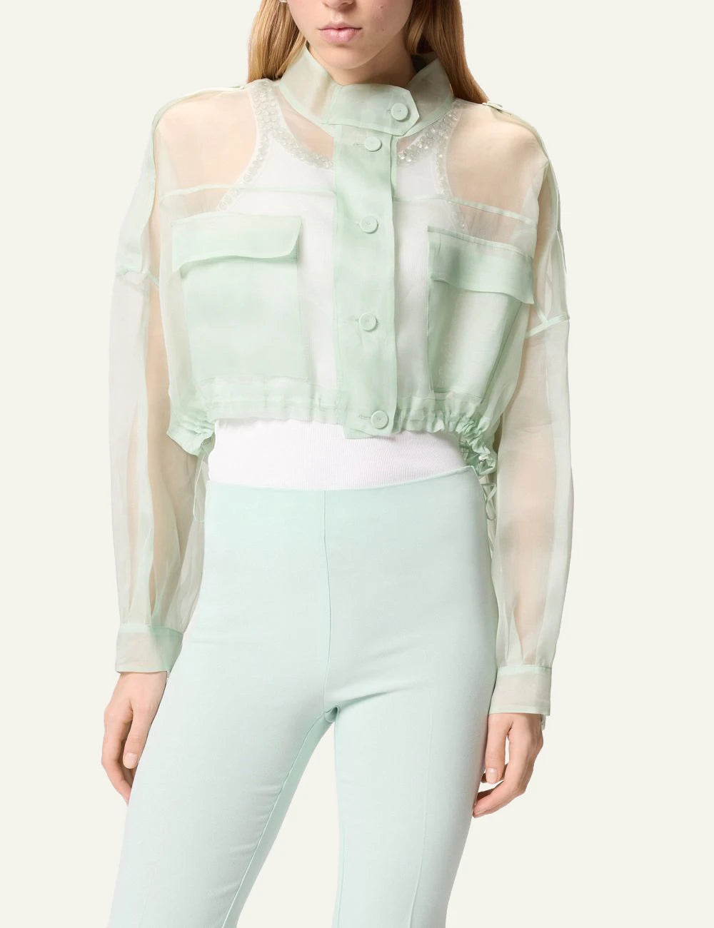 Pinko cropped organza silk jacket light green sheer front model view