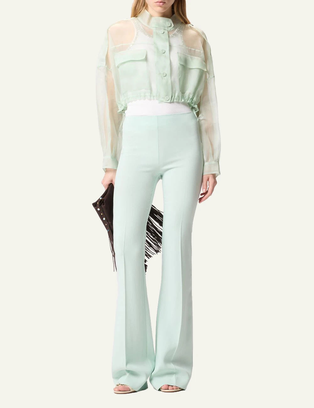 Pinko cropped organza silk jacket light green sheer front full body view
