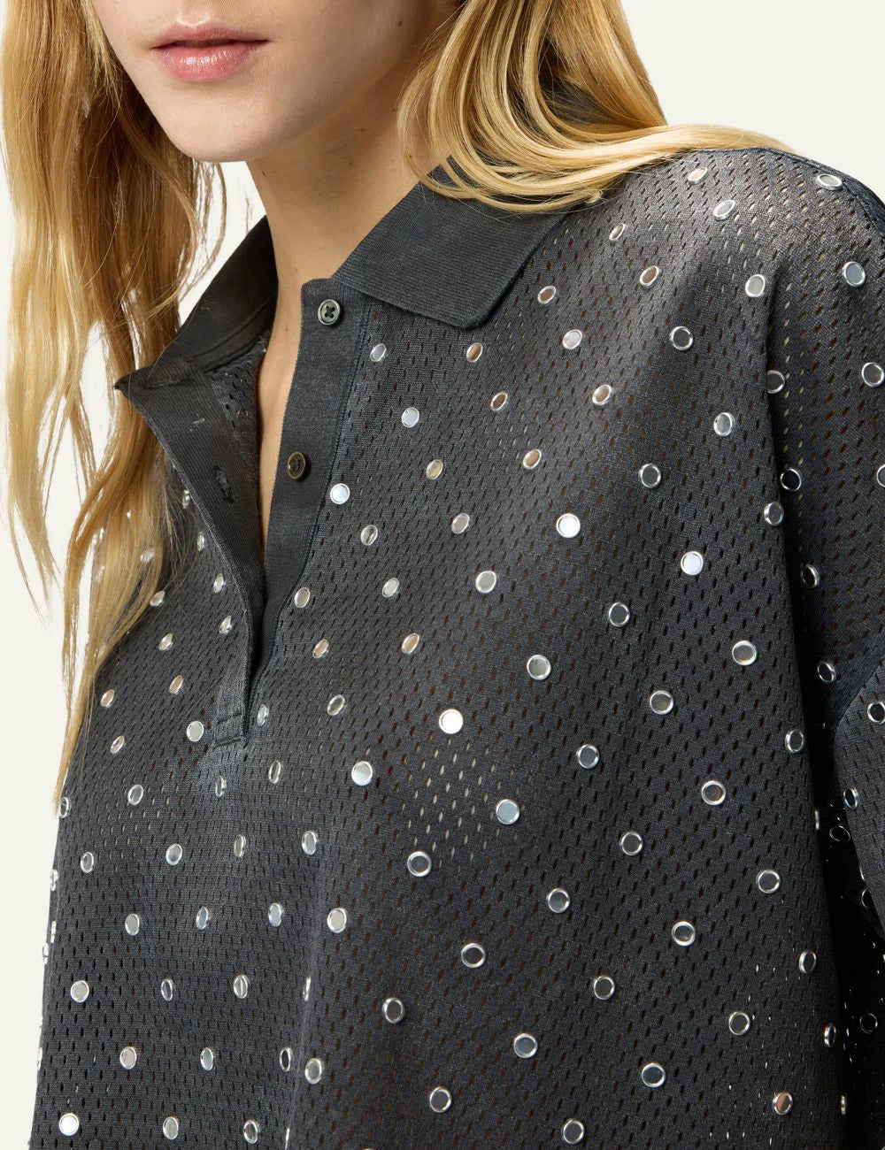 Pinko cropped polo black mesh mirror details side detail view