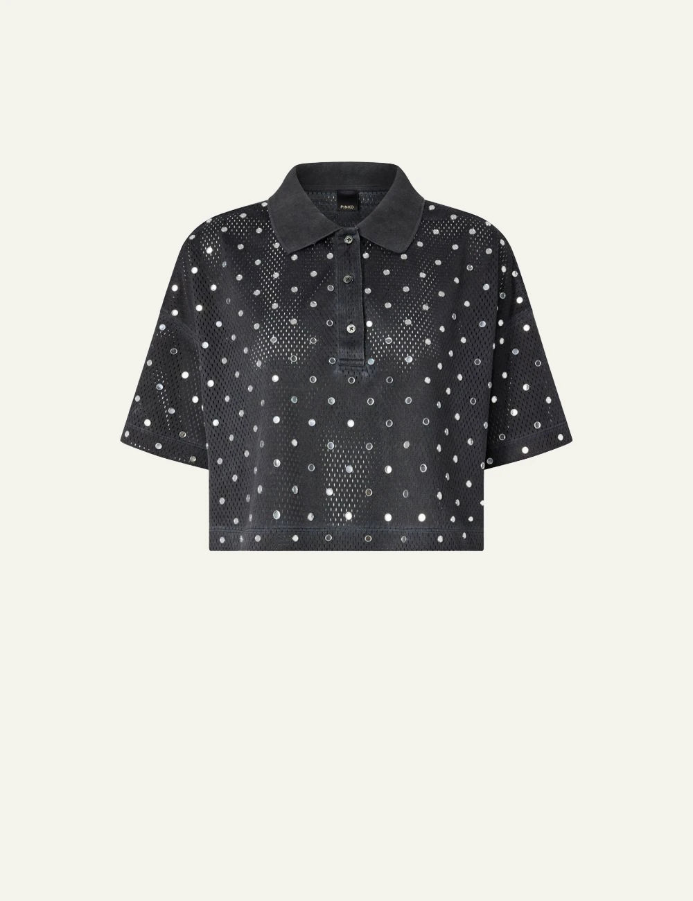 Pinko cropped polo black mesh mirror details front flat view