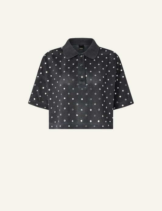 Pinko cropped polo black mesh mirror details front flat view