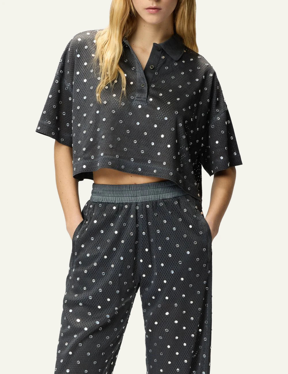 Pinko cropped polo black mesh mirror details front model view