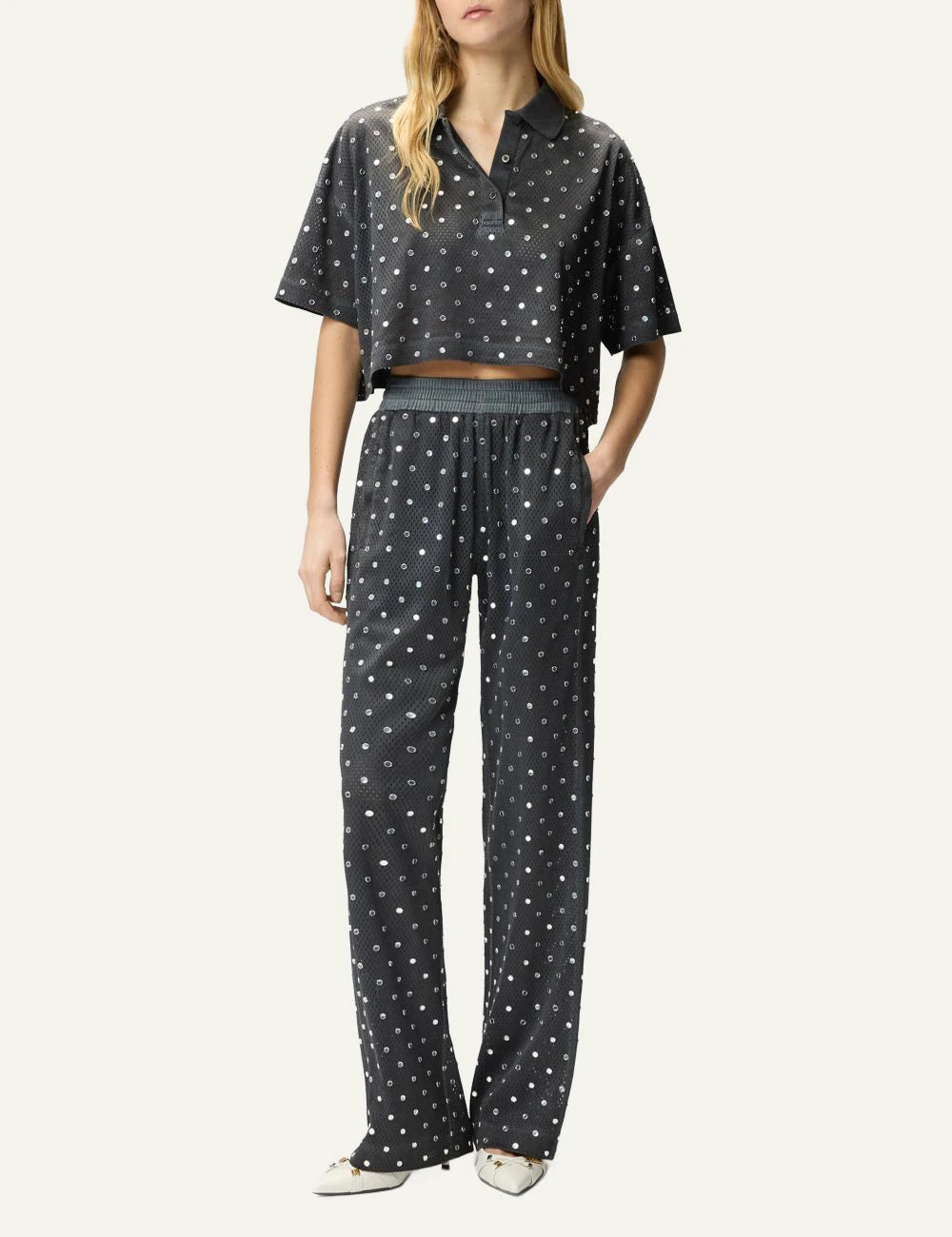 Pinko cropped polo black mesh mirror details front full body view