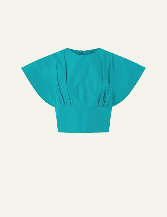 Pinko cropped top taffeta turquoise wide sleeves front flat view
