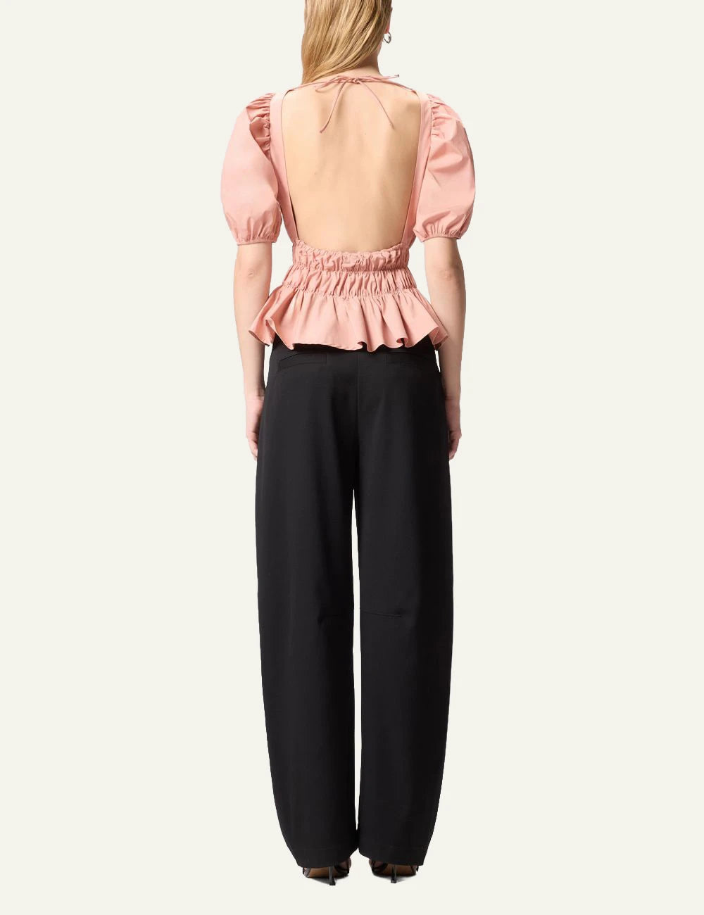 Pinko cropped top pink balloon sleeves elastic waist back view