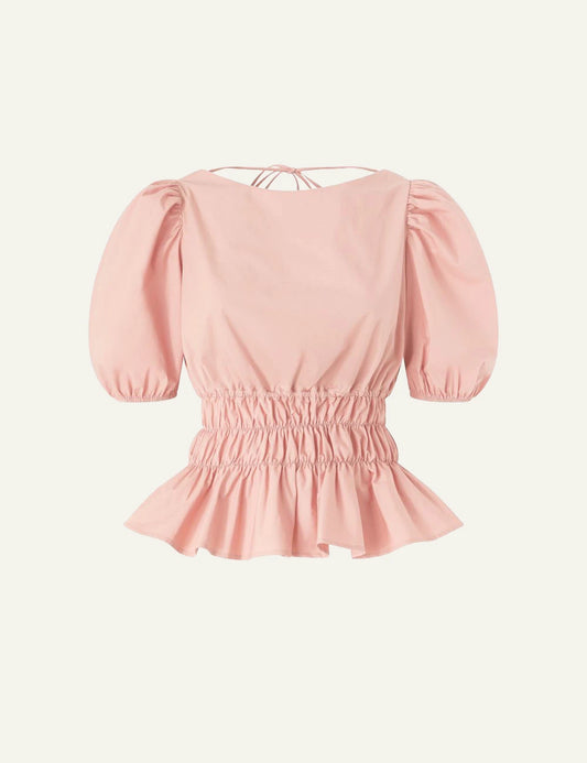 Pinko cropped top pink balloon sleeves elastic waist front flat view