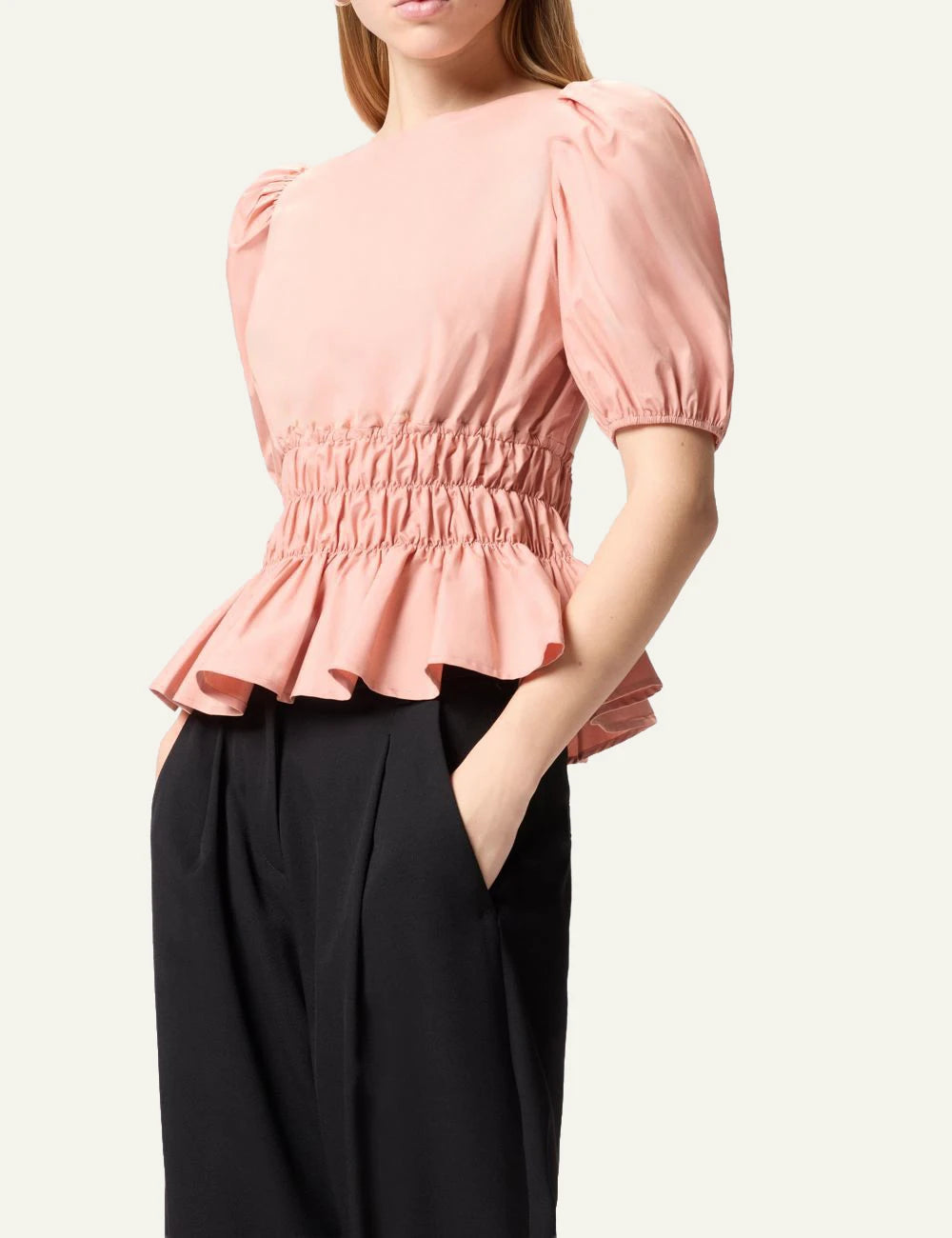 Pinko cropped top pink balloon sleeves elastic waist side view