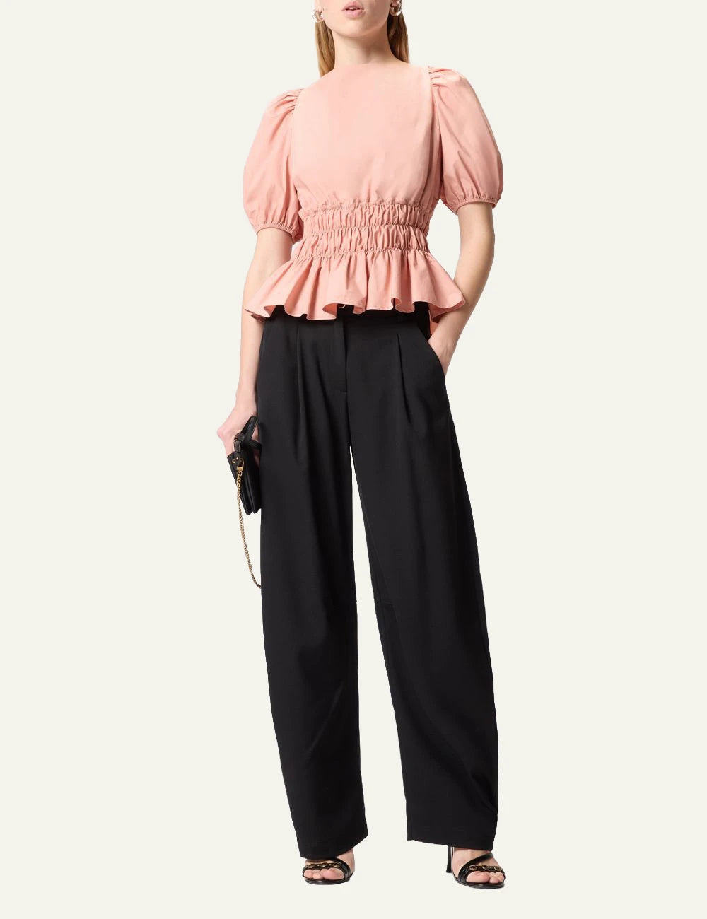 Pinko cropped top pink balloon sleeves elastic waist front full body view