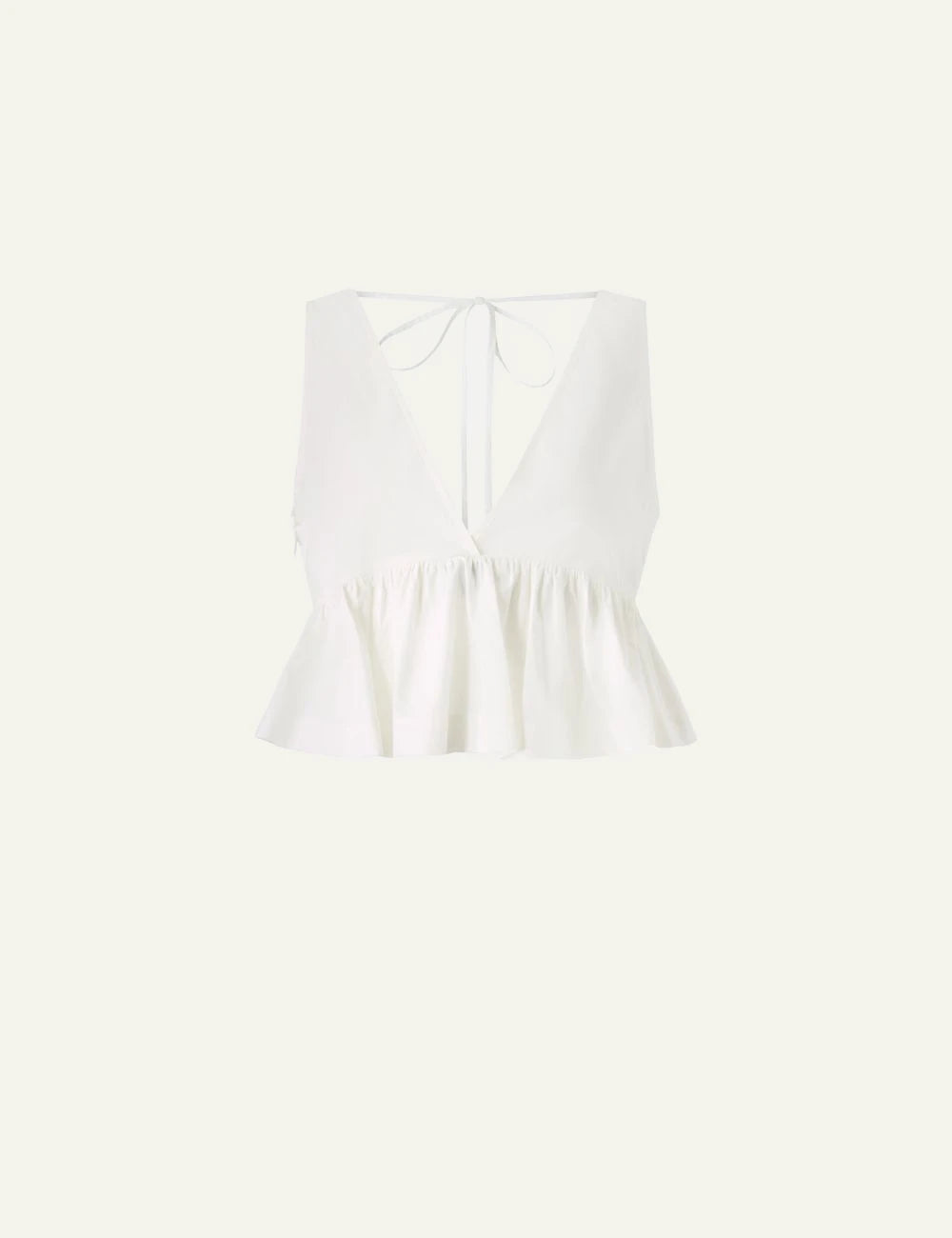 Pinko cropped top white cotton poplin V neck tie back ruffle hem front flat view