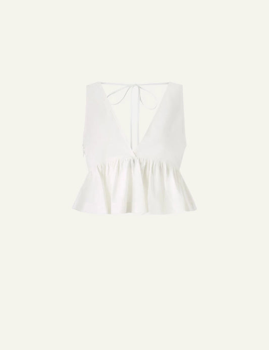 Pinko cropped top white cotton poplin V neck tie back ruffle hem front flat view