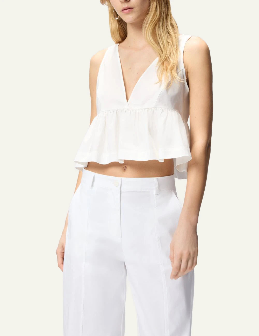 Pinko cropped top white cotton poplin V neck tie back ruffle hem side view