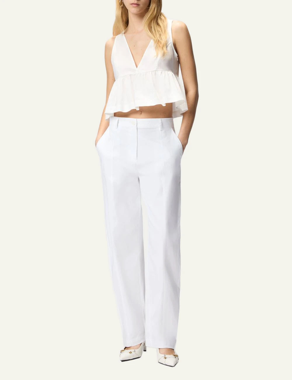 Pinko cropped top white cotton poplin V neck tie back ruffle hem front model view