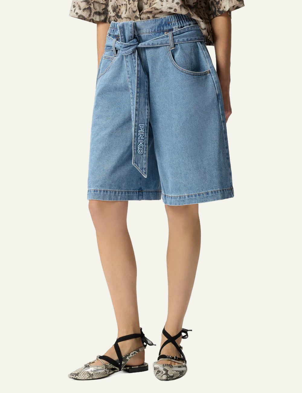 Pinko denim bermuda wide leg light blue me front model view
