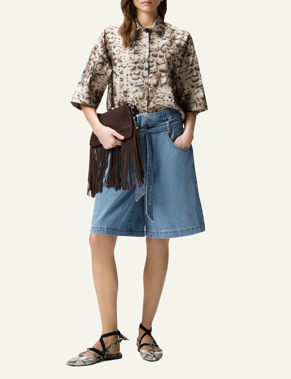 Pinko denim bermuda wide leg light blue me front full body view
