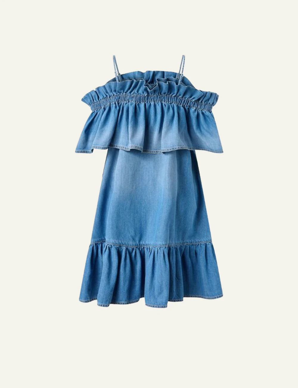 Pinko denim dress blue off shoulder ruffle mini back flat view