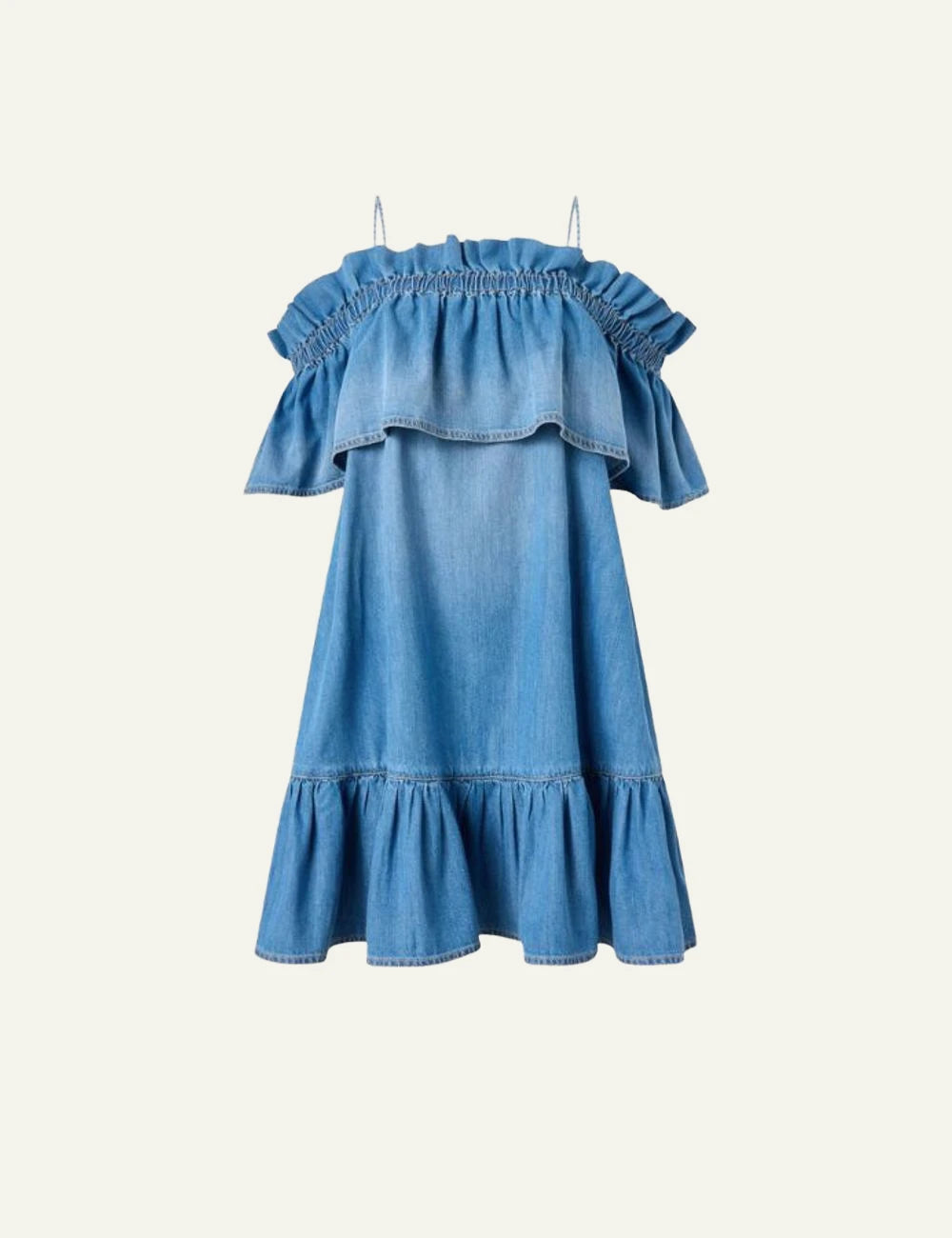 Pinko denim dress blue off shoulder ruffle mini front flat view