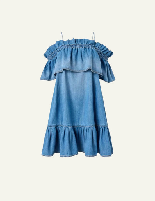 Pinko denim dress blue off shoulder ruffle mini front flat view