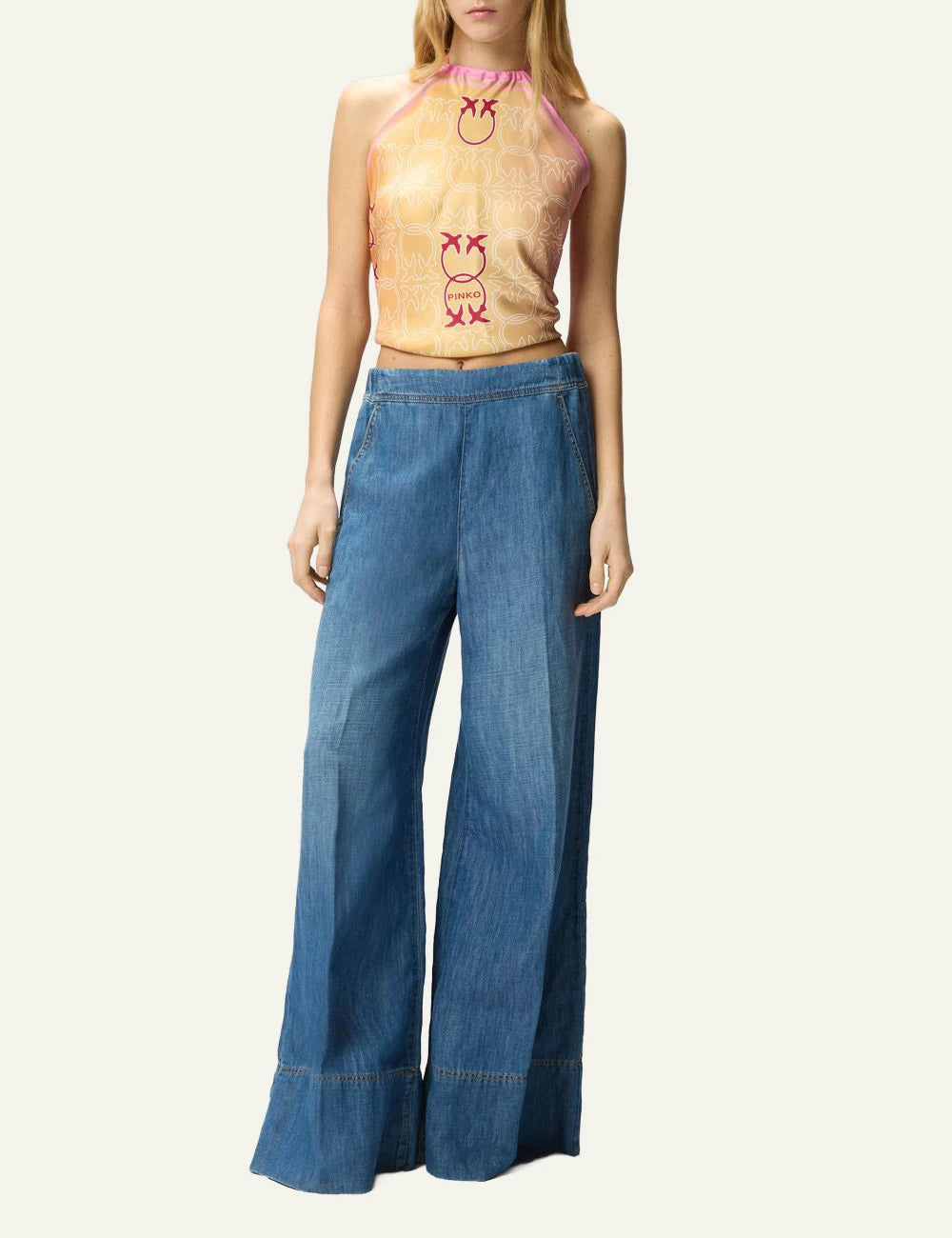 Pinko denim pants blue wide leg stone wash front full body view