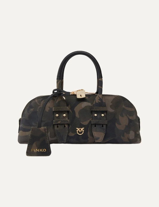 Pinko Escape Bag Horizontal small suede bowling bag with brown camouflage print, black handles and gold Love Birds logo.