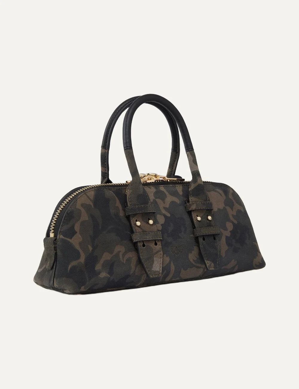 Pinko Escape Bag Horizontal small suede bowling bag with brown camouflage print, black handles and gold Love Birds logo back