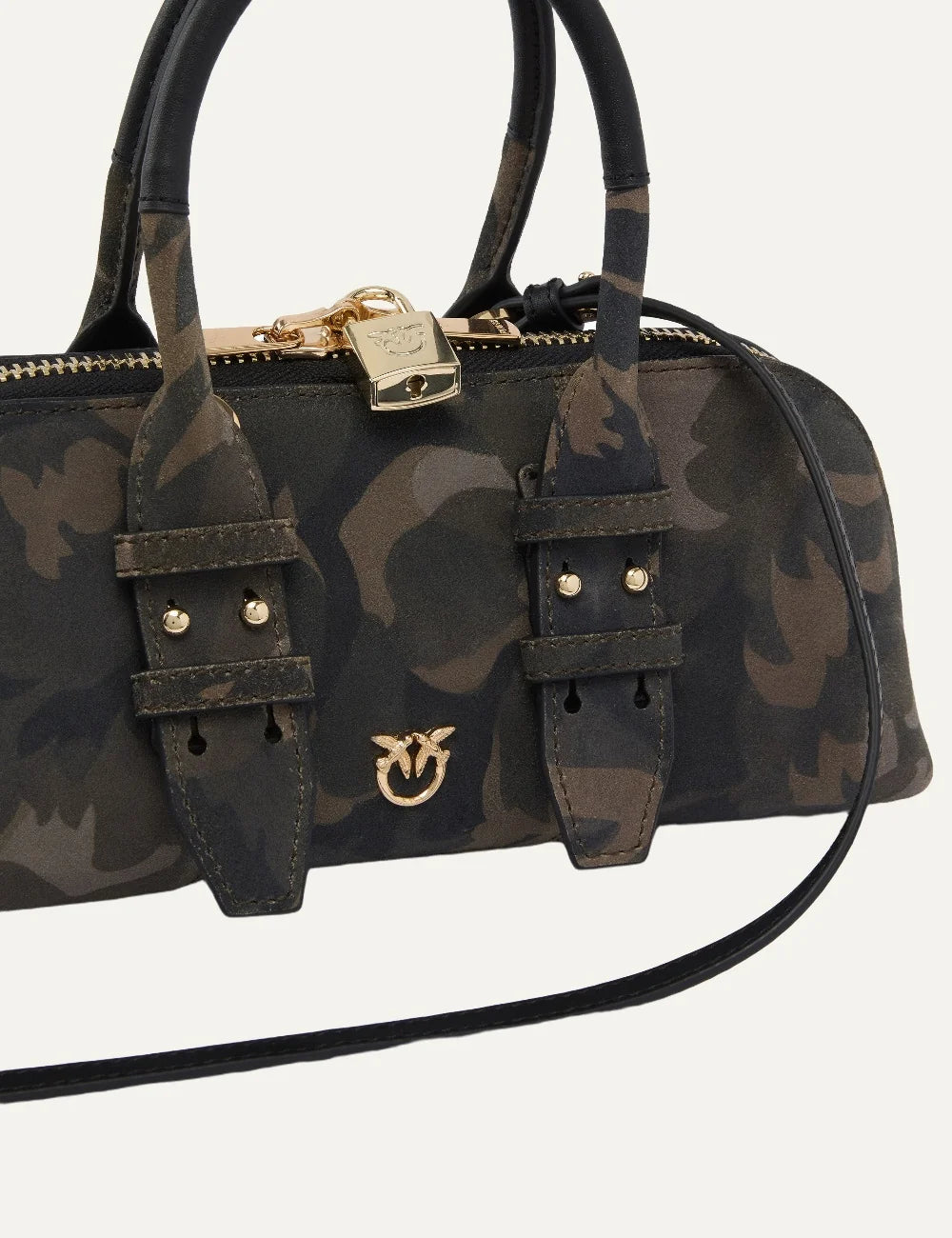 Pinko Escape Bag Horizontal small suede bowling bag with brown camouflage print, black handles and gold Love Birds logo detail