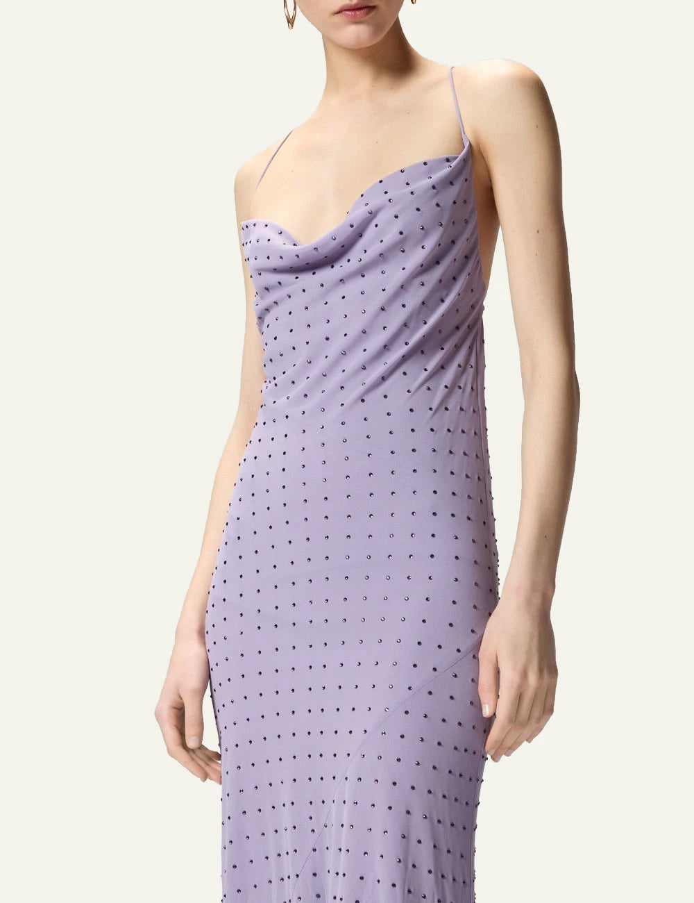 Pinko Farro maxi slip dress lilac with rhinestones front detail view