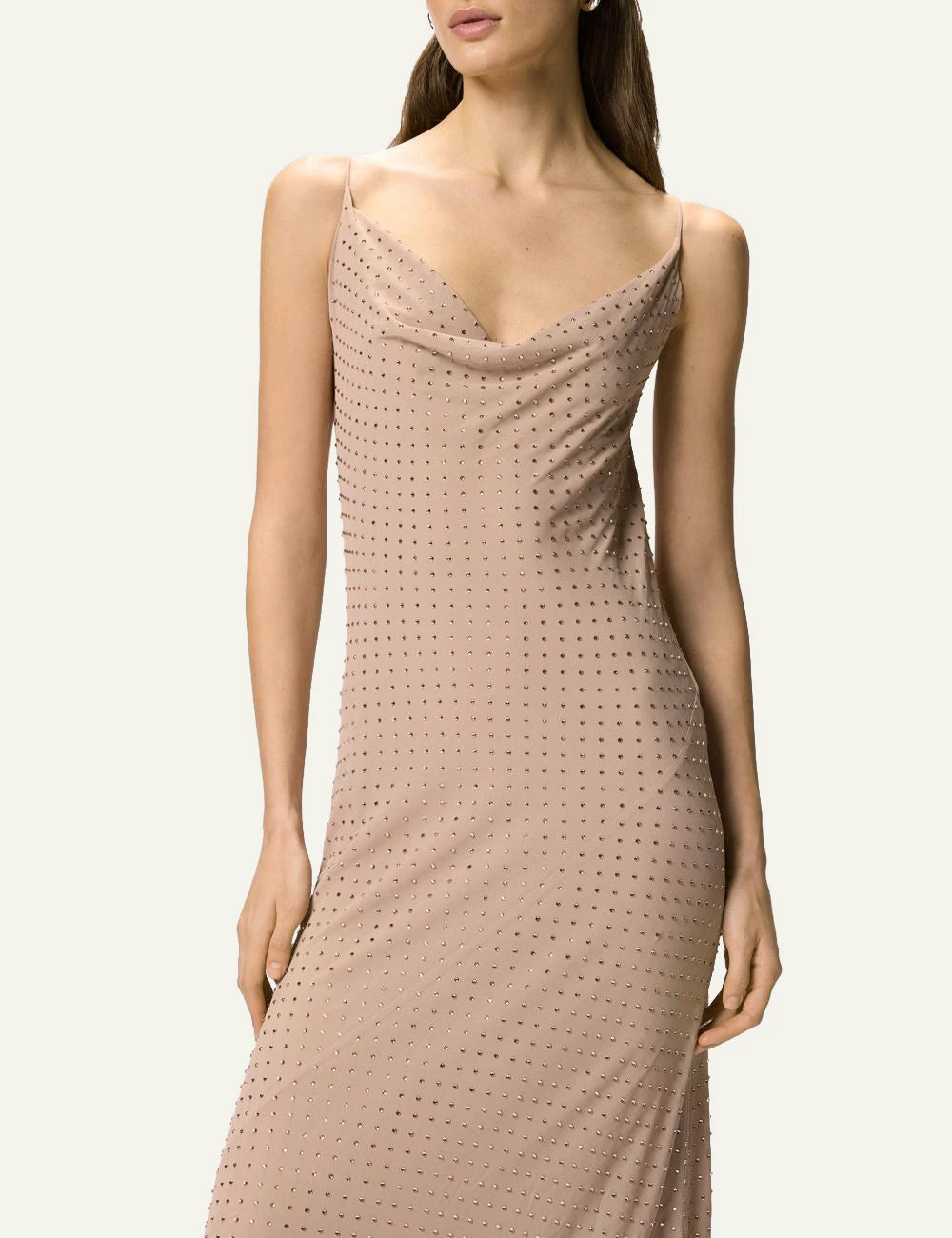 Pinko Farro maxi slip dress nude with rhinestones detail model view