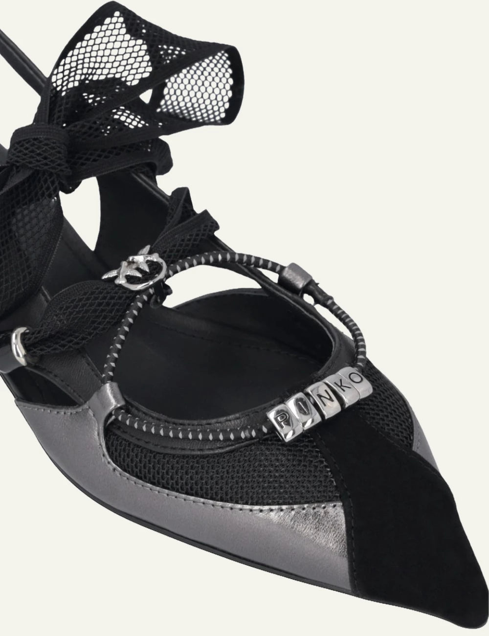 Pinko Gianira 30 slingback flats black and silver with mesh bow detail view