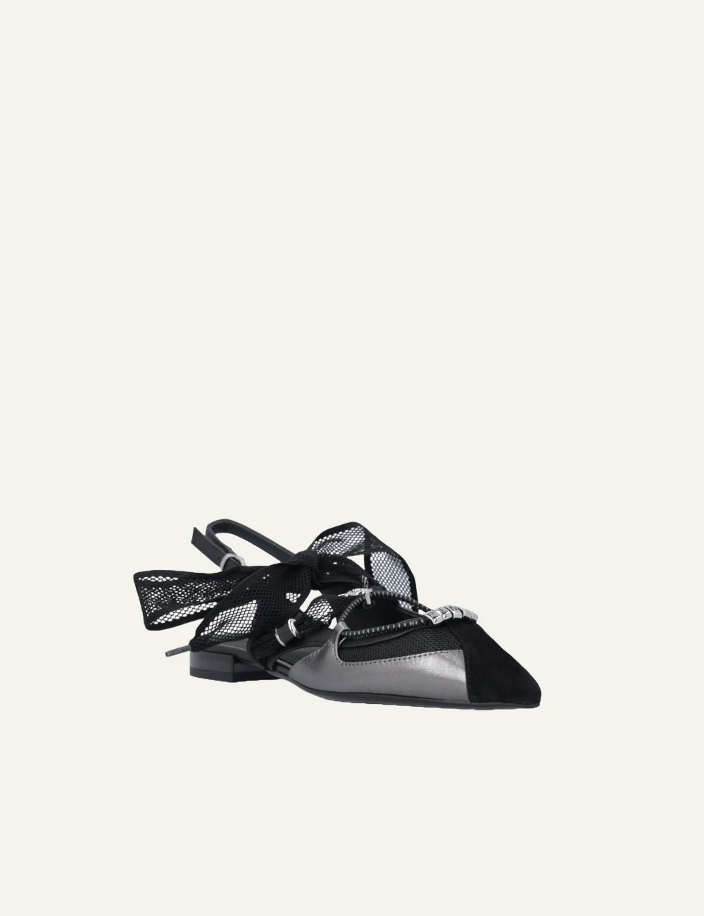 Pinko Gianira 30 slingback flats black and silver with mesh bow angled view