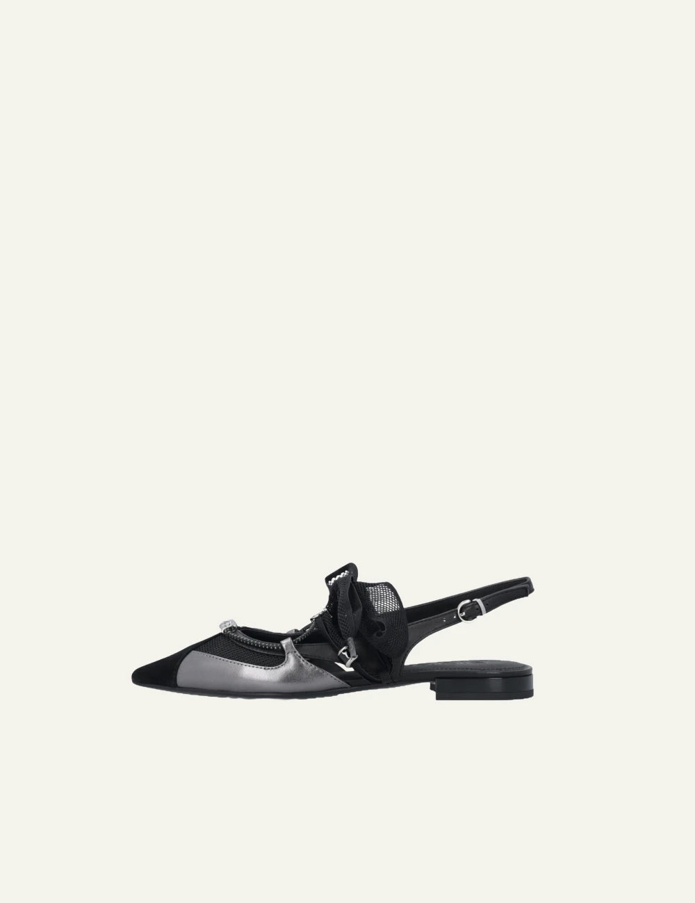 Pinko Gianira 30 slingback flats black and silver with mesh bow profile view