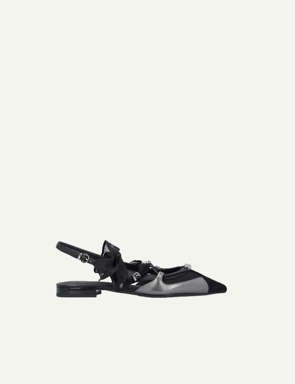 Pinko Gianira 30 slingback flats black and silver with mesh bow side view