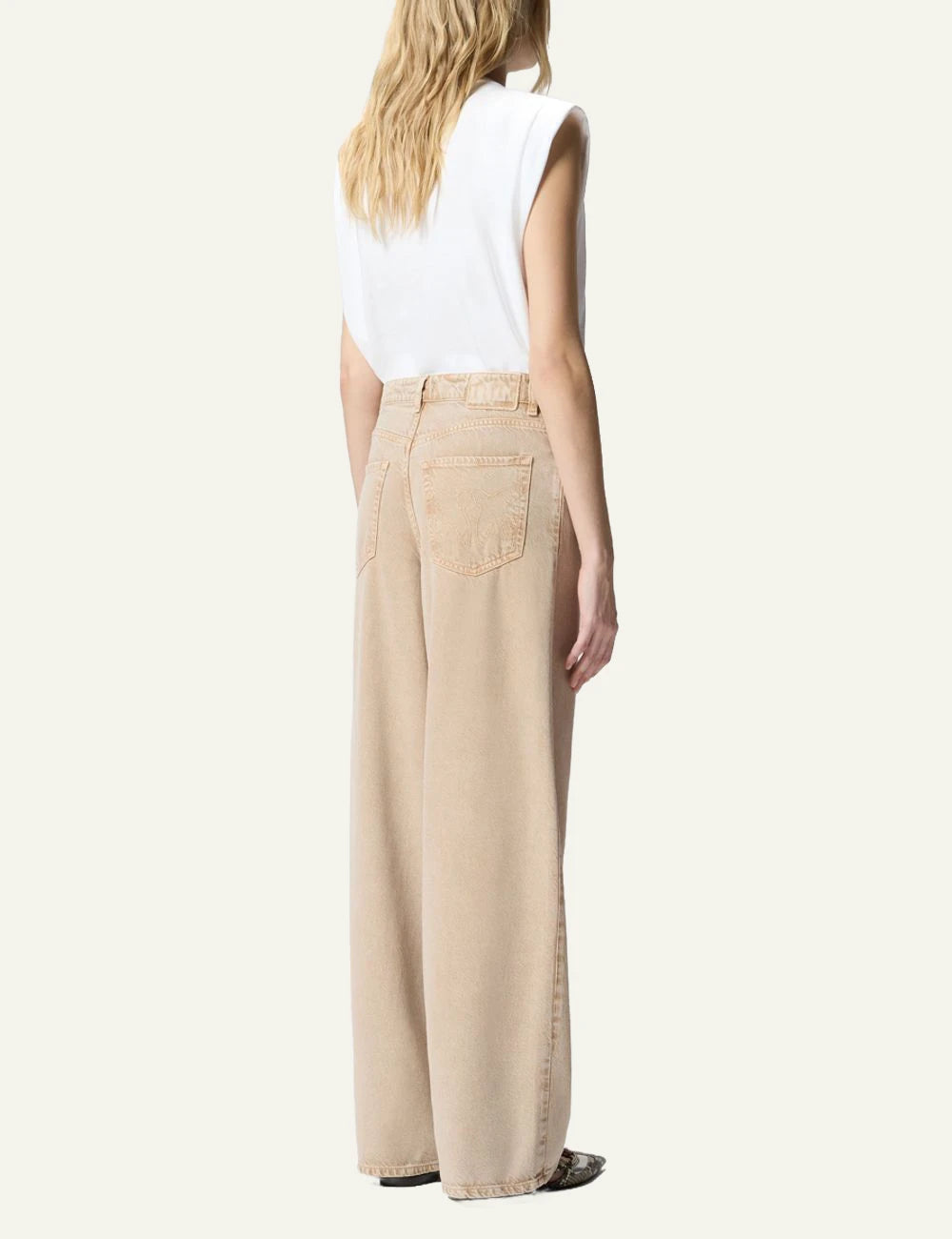Pinko jeans beige relaxed fit five pocket marble wash chain detail back view