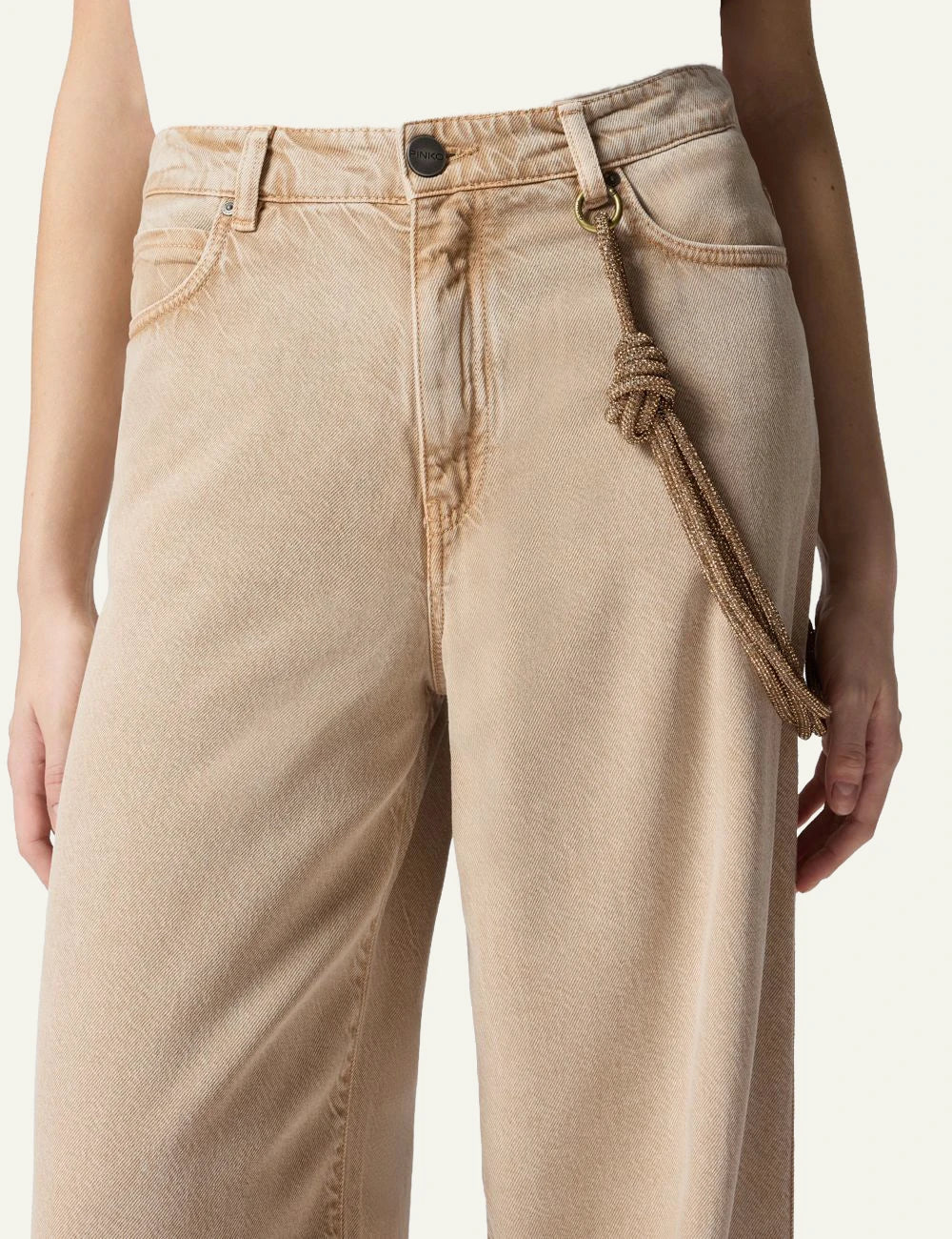 Pinko jeans beige relaxed fit five pocket marble wash chain detail front detail view