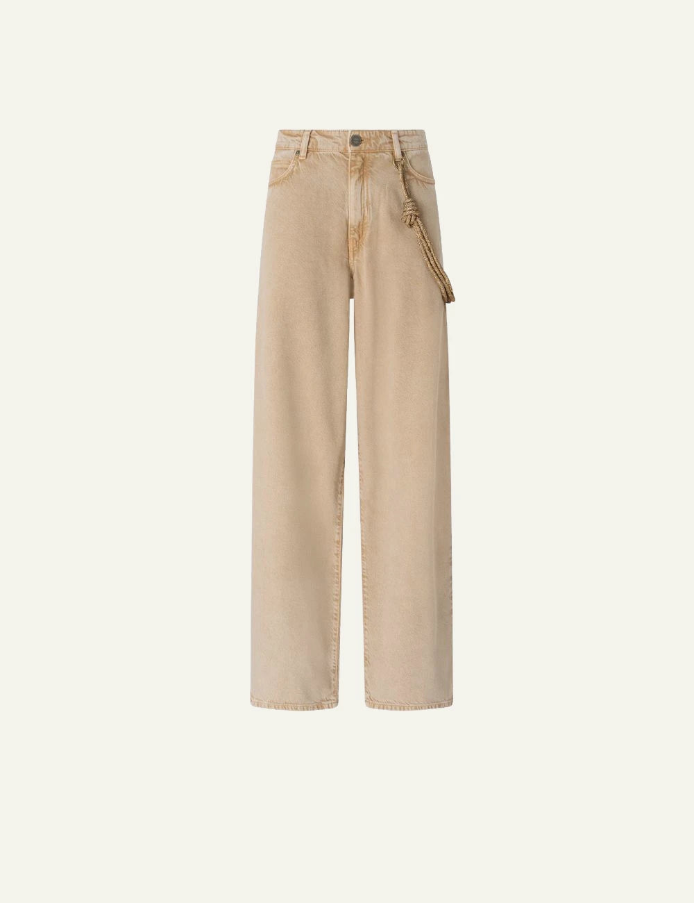 Pinko jeans beige relaxed fit five pocket marble wash chain detail front flat view