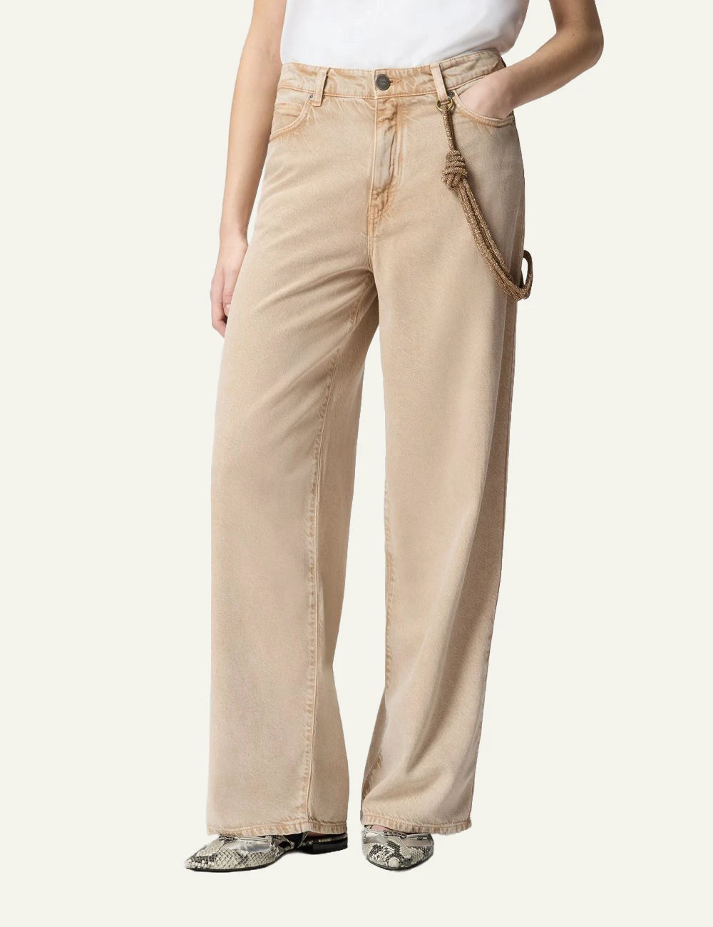 Pinko jeans beige relaxed fit five pocket marble wash chain detail front model view