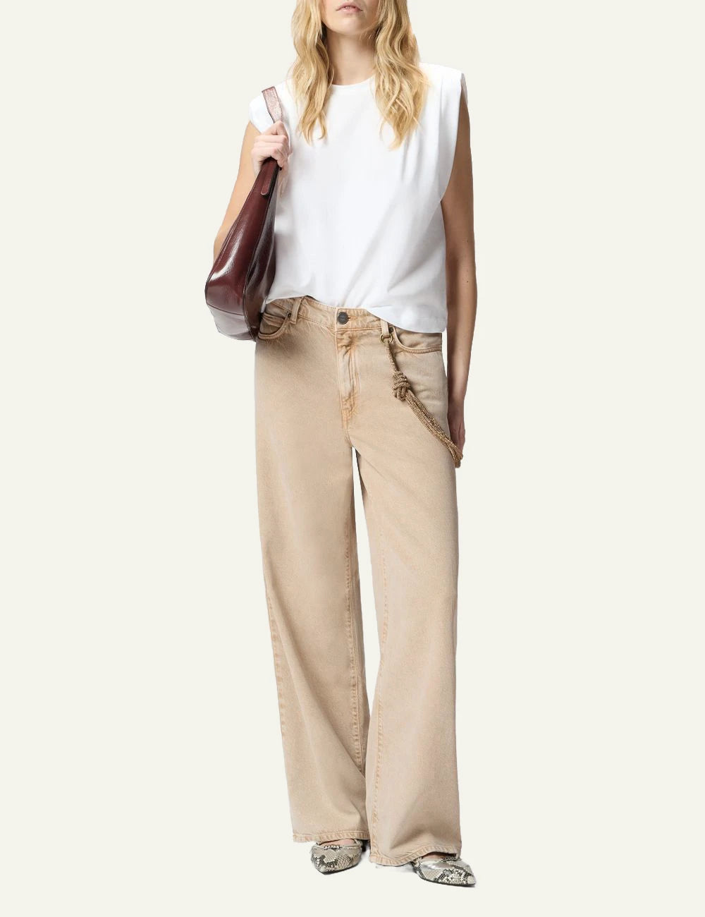 Pinko jeans beige relaxed fit five pocket marble wash chain detail front full body view