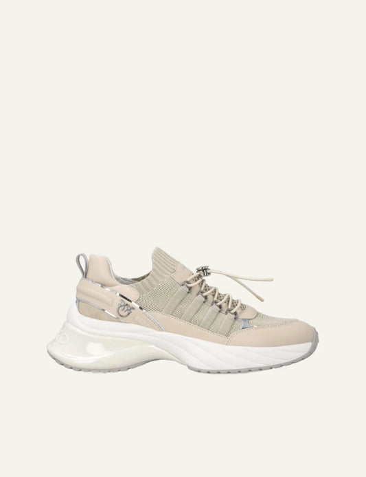 Pinko sneakers knit leather mix beige chunky sole side view